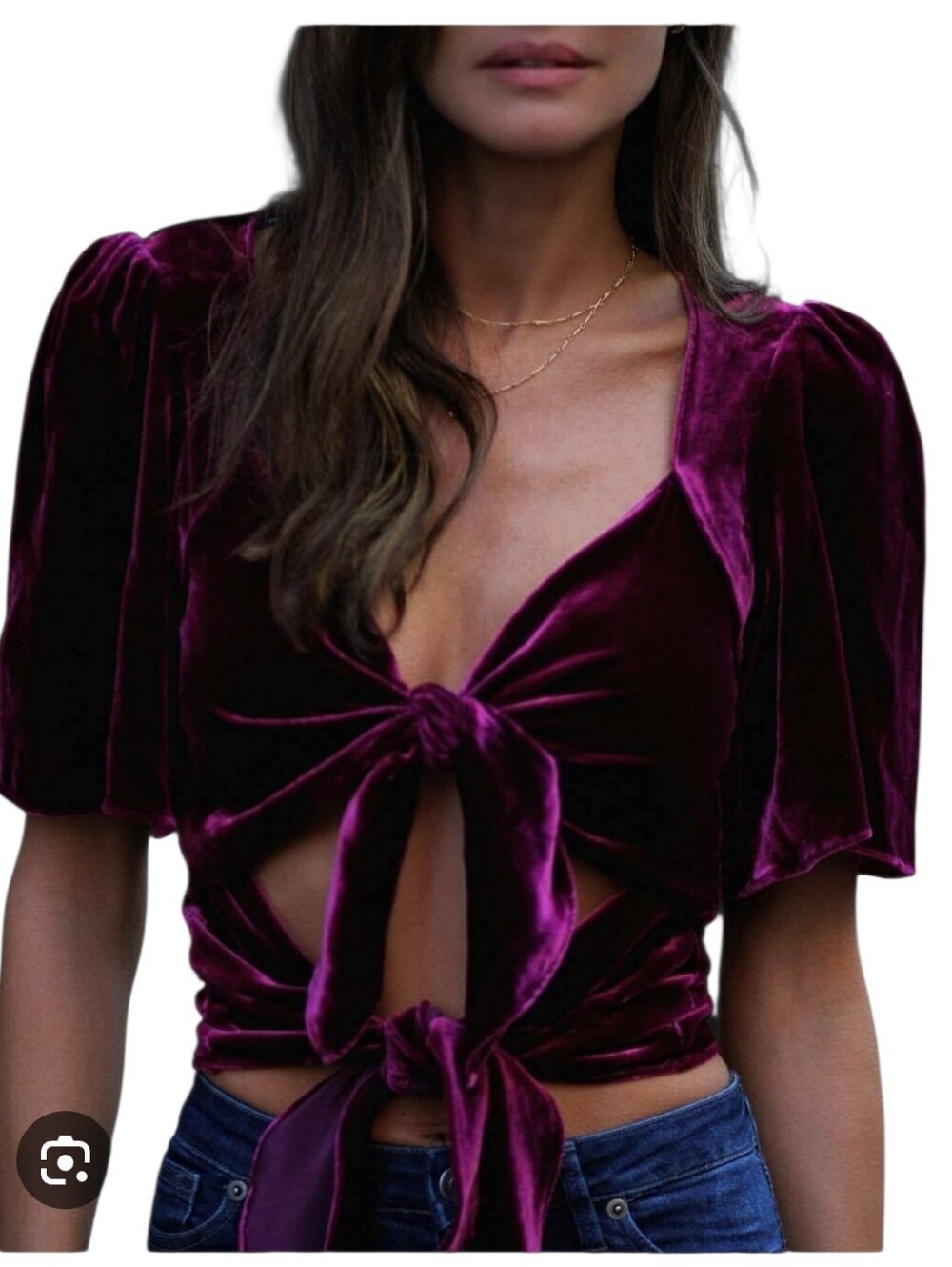 Zara Woman Velvet Tie-Front Crop Top - Deep Plum Size Small